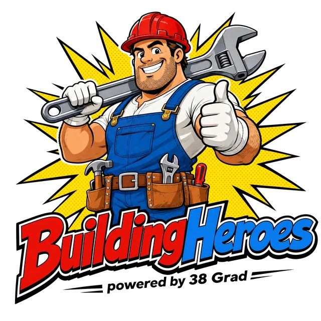 Building Heroes Maskottchen mit Bauhelm und Schraubenschlüssel